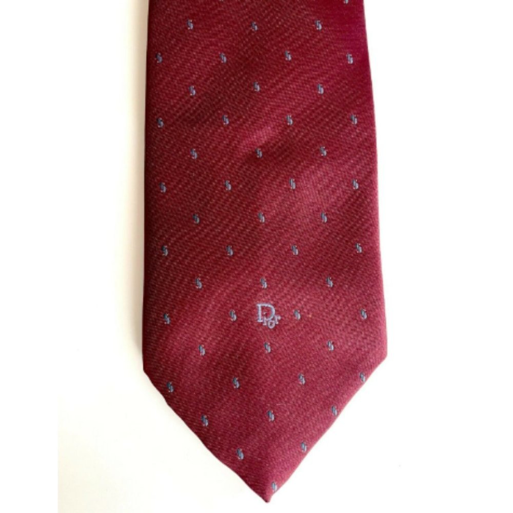 Vintage Christian Dior Burgundy Blue Logo Monogram Tie Made in USA
